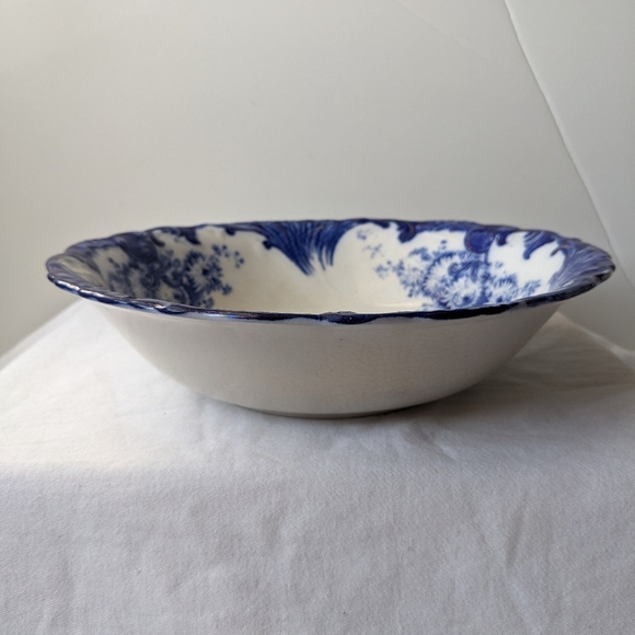 Antique Upper Hanley England Dahlia Flow Blue Floral Round Vegetable Bowl - Picture 4 of 16